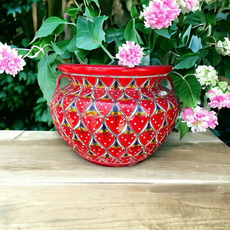 Hand-Painted Talavera Peacock Flower Pot | Extra Large Planter Decor - red hand-painted Talavera peacock pattern planter on wooden table with pink flowers