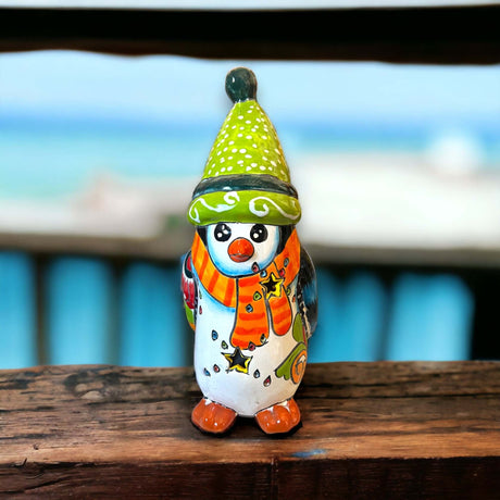 Hand-Painted Talavera Penguin Statue | Festive Christmas Decor (Medium) - hand-painted colorful Talavera penguin with green hat and orange scarf