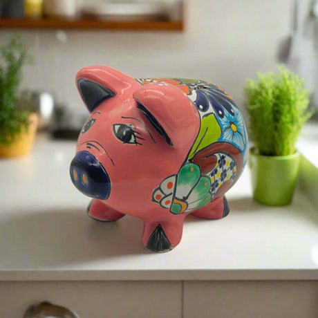 Hand-Painted Talavera Piggy Bank | Mexican Folk Art Design - hand-painted colorful Talavera piggy bank with floral and geometric patterns, kiln-fired lead-free glaze