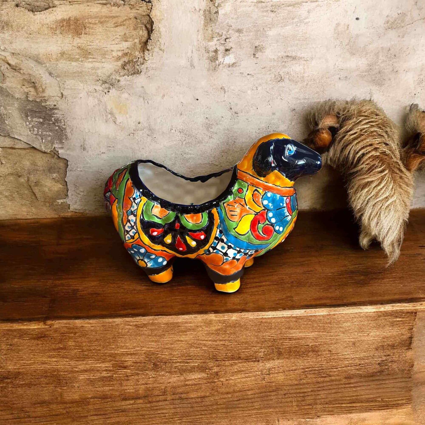 Talavera Ram Planter | Hand-Painted Mexican Ceramic Sheep Pot on wooden shelf, colorful hand-painted talavera sheep planter