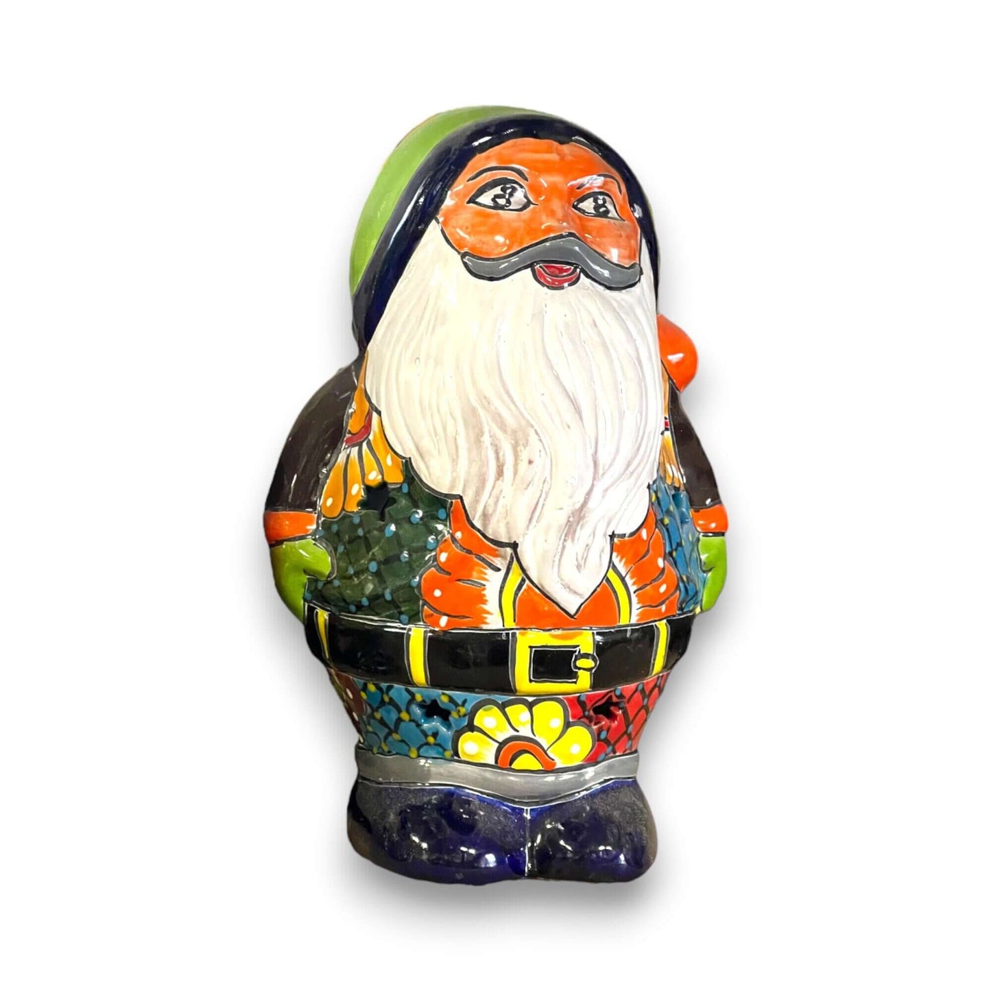 Talavera Santa Statue | Hand-Painted Holiday Decor - colorful hand-painted Talavera Santa with white beard, red coat and floral star motifs
