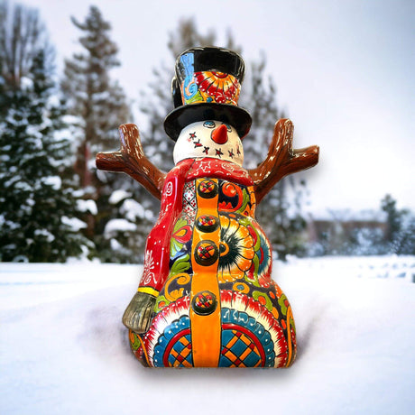 Hand-Painted Talavera Snowman Statue | Festive Christmas Decoration (Medium) hand-painted colorful Talavera snowman with top hat in snowy outdoor scene