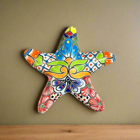 Talavera Starfish Decor | Hand-Painted Mexican Wall Art — colorful hand-painted Talavera ceramic starfish with floral and geometric patterns