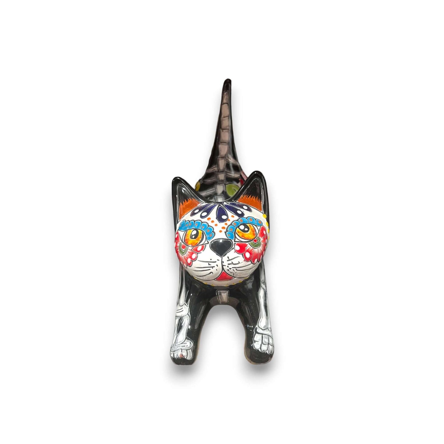 Hand-Painted Talavera Stretching Cat Statue | Day of the Dead Mexican Decor - hand-painted colorful Day of the Dead cat figurine from Guanajuato