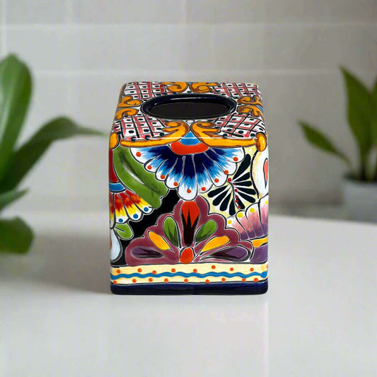 Talavera Tissue Box Cover | Colorful Hand-Painted Bathroom Decor - hand-painted Mexican ceramic floral square tissue box