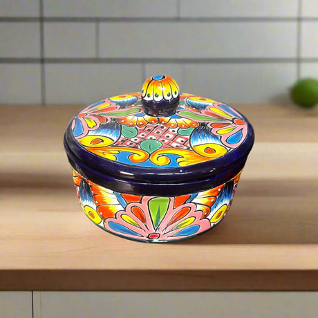 Talavera Tortilla Warmer | Hand-Painted Mexican Ceramic Dish - round hand-painted Talavera ceramic tortilla warmer with cobalt rim and colorful floral patterns