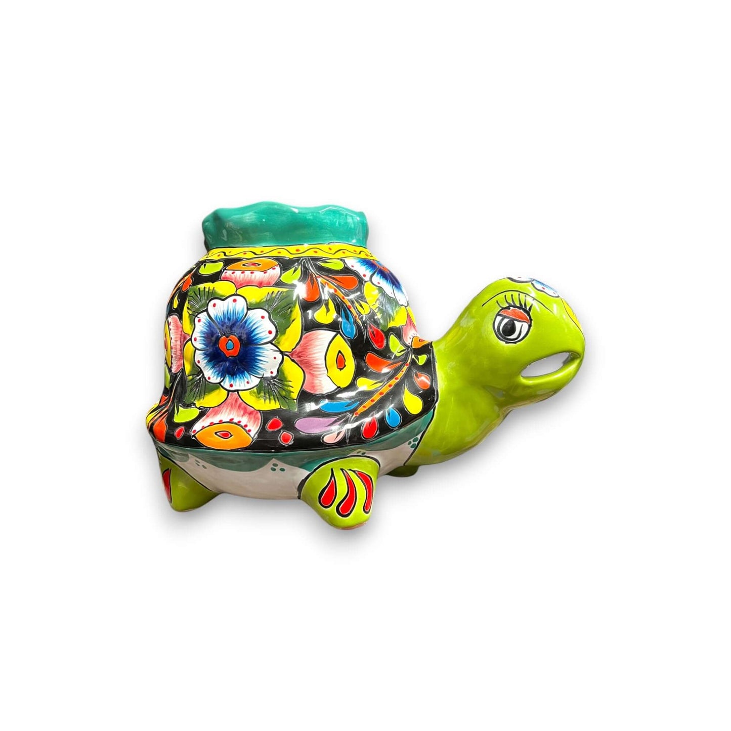 Vibrant Talavera Turtle Planter | Colorful Hand-Painted Mexican Pottery (Medium) - green hand-painted Talavera turtle planter with floral design
