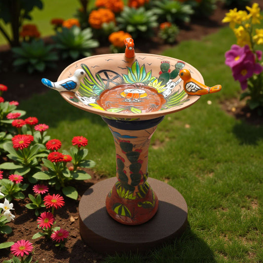 Hand-Painted Terracotta Talavera Bird Bath | Desert Garden Art - hand-painted terracotta bird bath with cacti motif and perched colorful birds