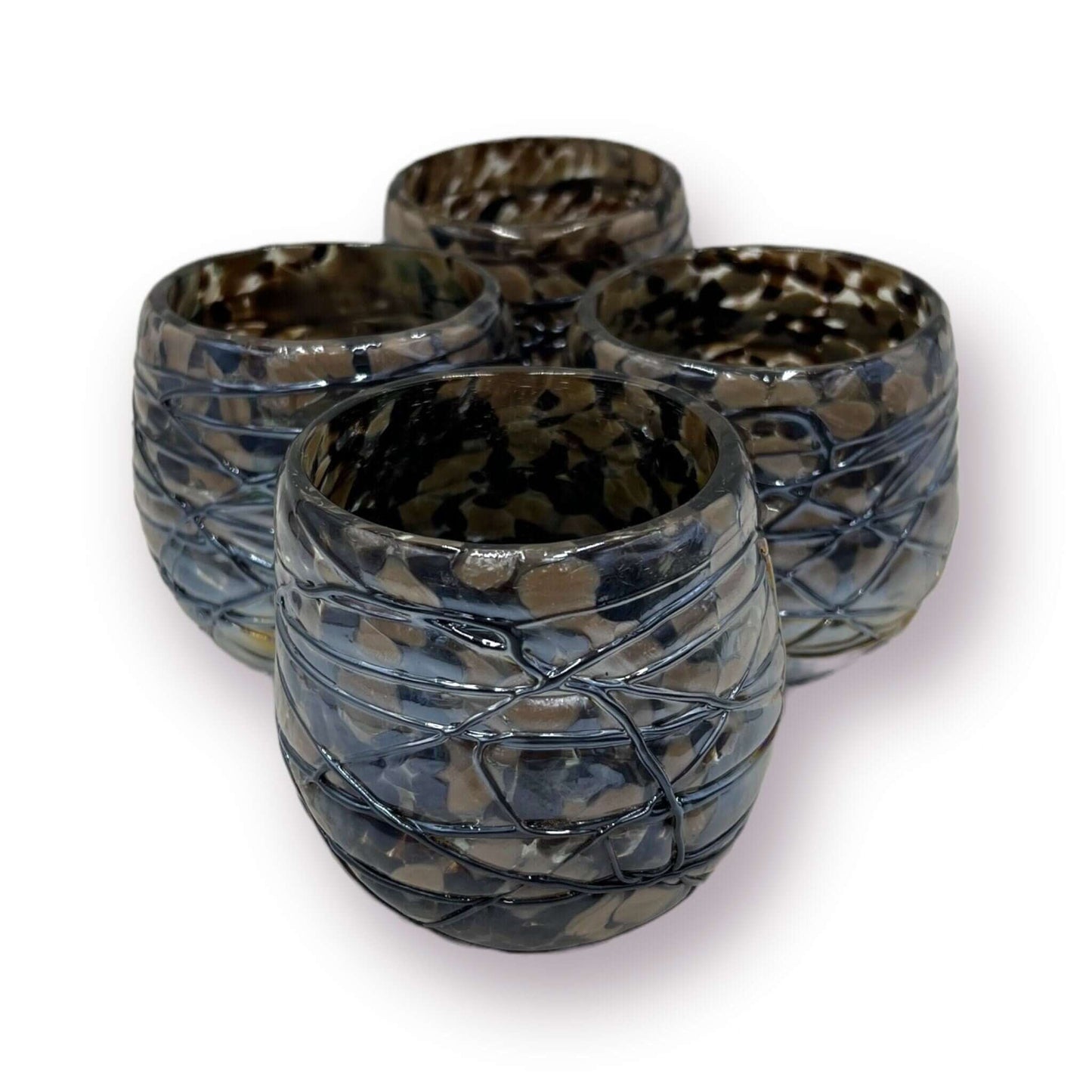 Mexican Stemless Wine Glass | Mocha Mix Design handcrafted hand-blown lead-free glass from Guanajuato, set of four mocha-pattern stemless glasses