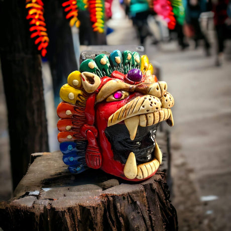 Aztec Death Whistle | Handcrafted Mexican Cultural Instrument - colorful handcrafted fierce creature head whistle from Guanajuato, ritual sound artifact