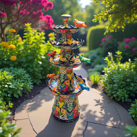 Blue Rim Tiered Talavera Fountain | Handcrafted Mexican Art - hand-painted multi-tier garden fountain with blue rim and vibrant floral Talavera design