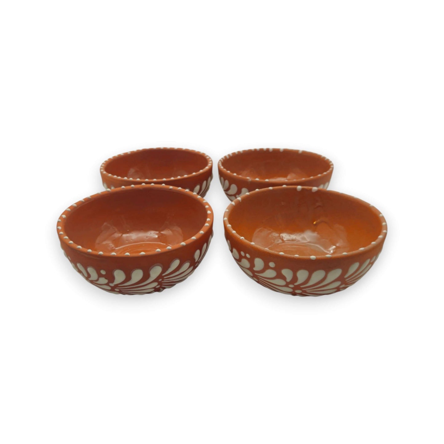 Set of 4 Handcrafted Brown & White Talavera Bowls | Artisan Dinnerware - handcrafted Mexican ceramic bowls with white petal motifs