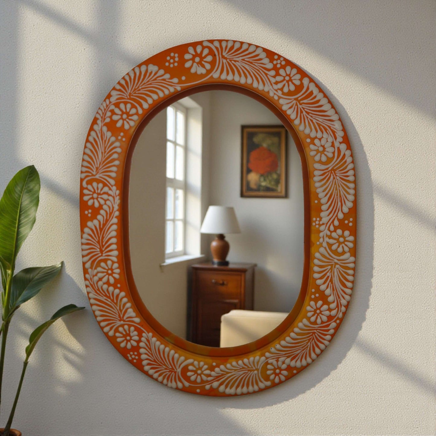 Floral Brown & White Talavera Mirror | Handcrafted Mexican Art - oval hand-painted brown frame with white floral motifs