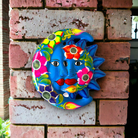 Handcrafted Guerrero Sun and Moon Eclipse Art | Mexican Hand-Painted Pottery - vibrant blue hand-painted Guerrero sun and moon pottery wall decor