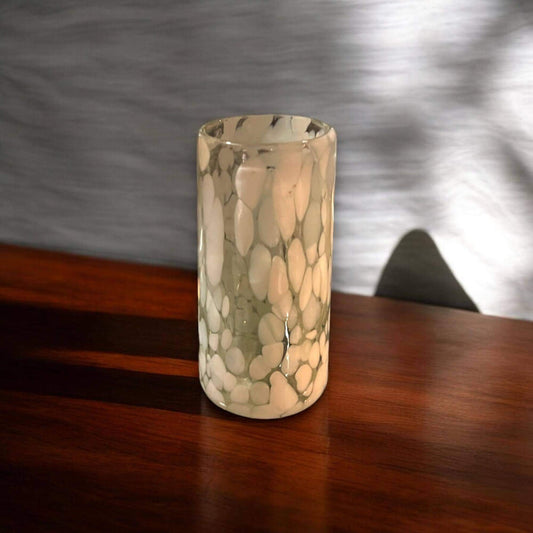 Handcrafted White Double Shot Glass | Mexican Artisanal Glassware — hand-blown white spotted double shot glass from Guanajuato artisans