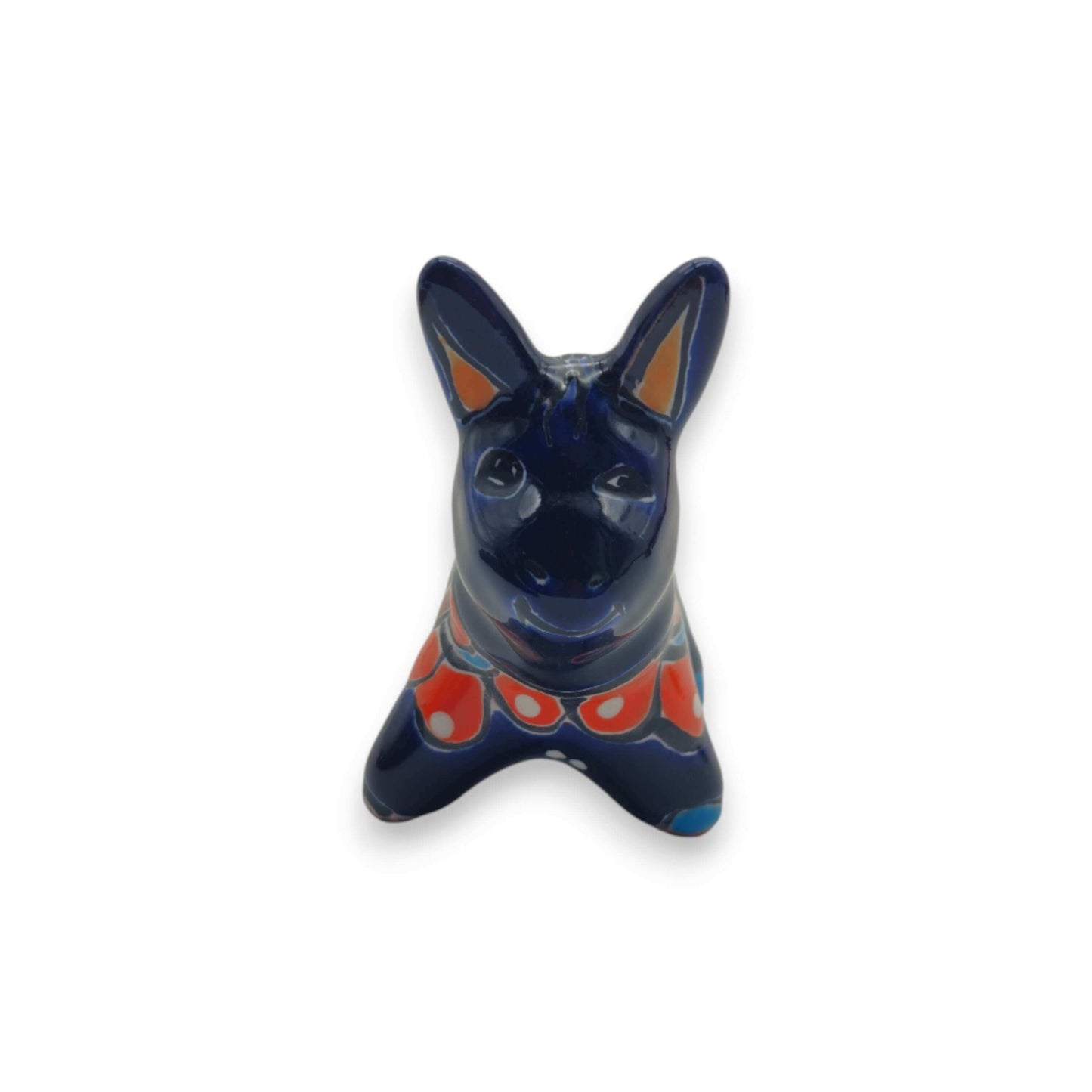 Mini Talavera Donkey Figurine | Handcrafted Mexican Pottery - small glossy hand-painted blue donkey with yellow, orange and green floral patterns