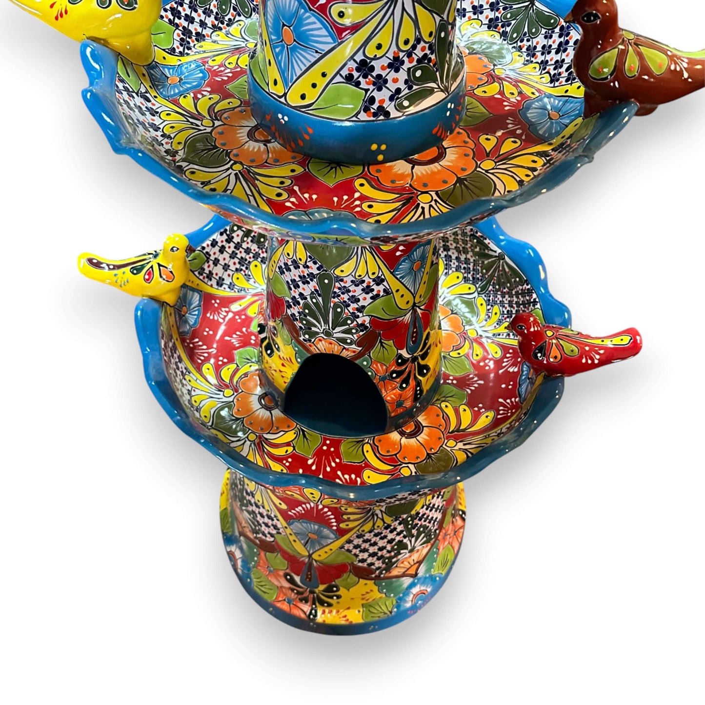 Grand Talavera Garden Fountain | Handcrafted Mexican Art - hand-painted multicolor Talavera tiered garden fountain with floral motifs and blue rim