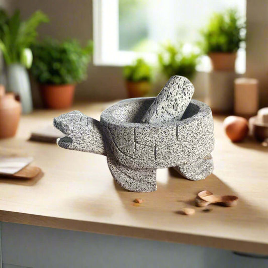 Sea Turtle Stone Mortar & Pestle | Handcrafted Molcajete handcrafted volcanic stone turtle molcajete on kitchen counter