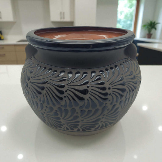 Talavera Floral Pot | Handcrafted Black Design: hand-painted black Talavera flower pot with intricate carved floral pattern, lead-free glazed, Guanajuato-made