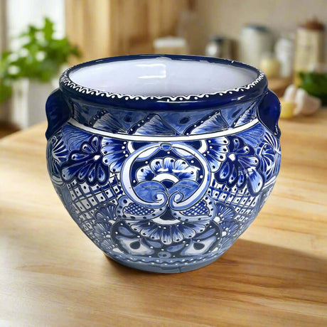 Handcrafted Talavera Planter | Blue & White Flower Pot showcasing hand-painted cobalt rim and intricate floral pattern