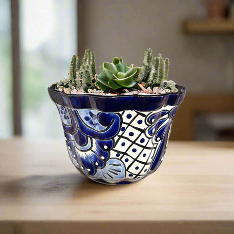 Talavera Flower Pot | Handcrafted Blue & White Mexican Ceramic - cobalt blue floral hand-painted ceramic planter with succulents