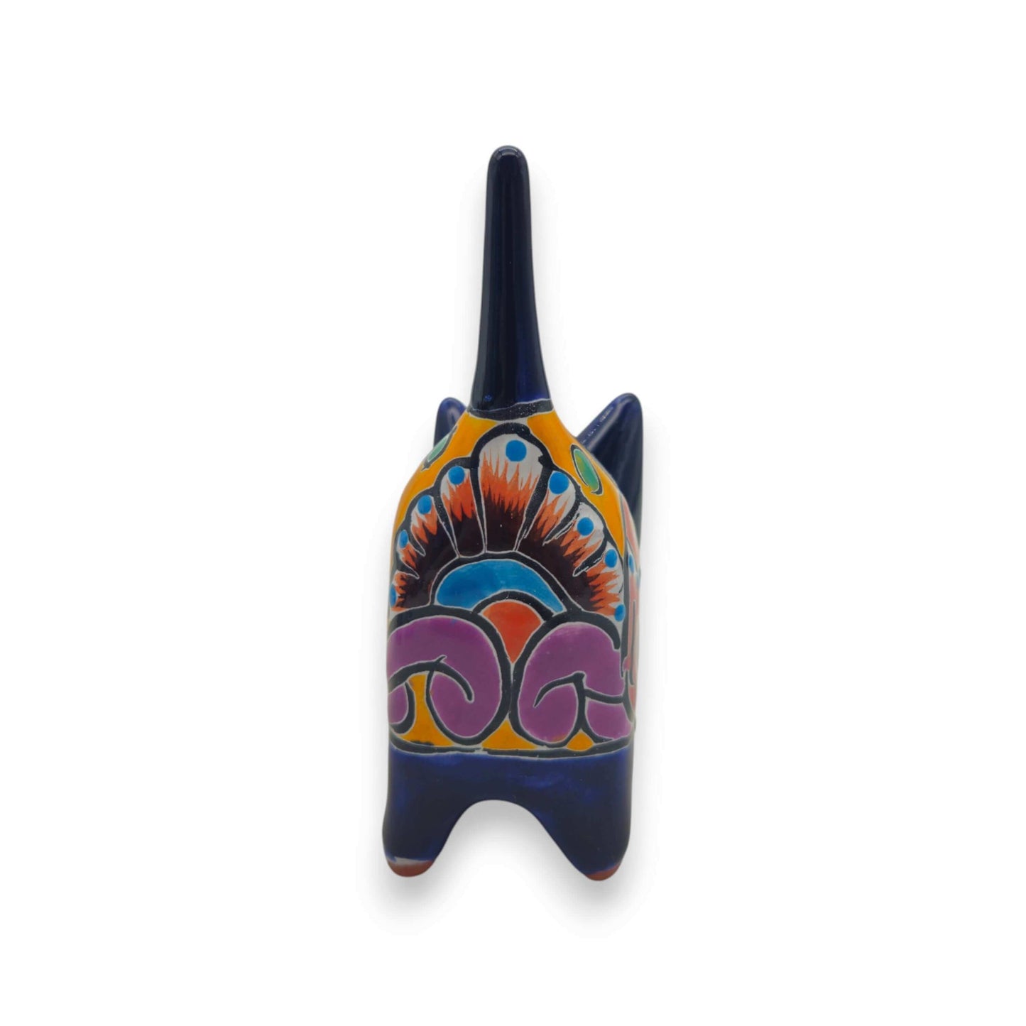 Vibrant Talavera Cat Planter | Handcrafted Mexican Pottery - hand-painted blue cat-shaped planter with floral and geometric motifs