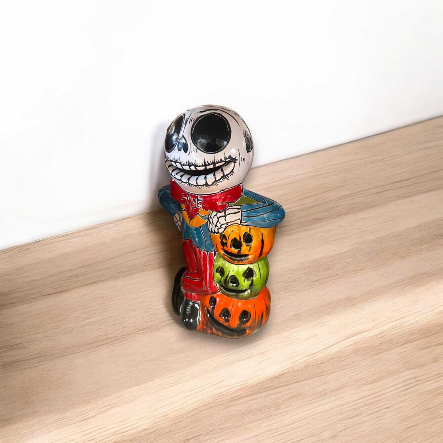 Handcrafted Talavera Skeleton Statue | Vibrant Day of the Dead Calavera Decor - hand-painted Mexican skull figure with colorful pumpkin stack