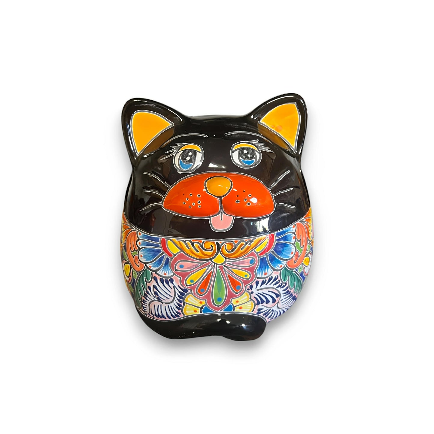 Talavera Cat Planter | Handcrafted Fat Cat Ceramic Pot - black hand-painted Talavera cat planter with colorful floral body