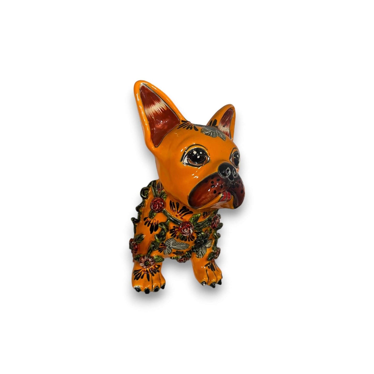 Colorful Talavera French Bulldog Statue | Handcrafted Wall Art (Medium) – orange hand-painted Talavera French bulldog wall sculpture, kiln-fired lead-free glaze