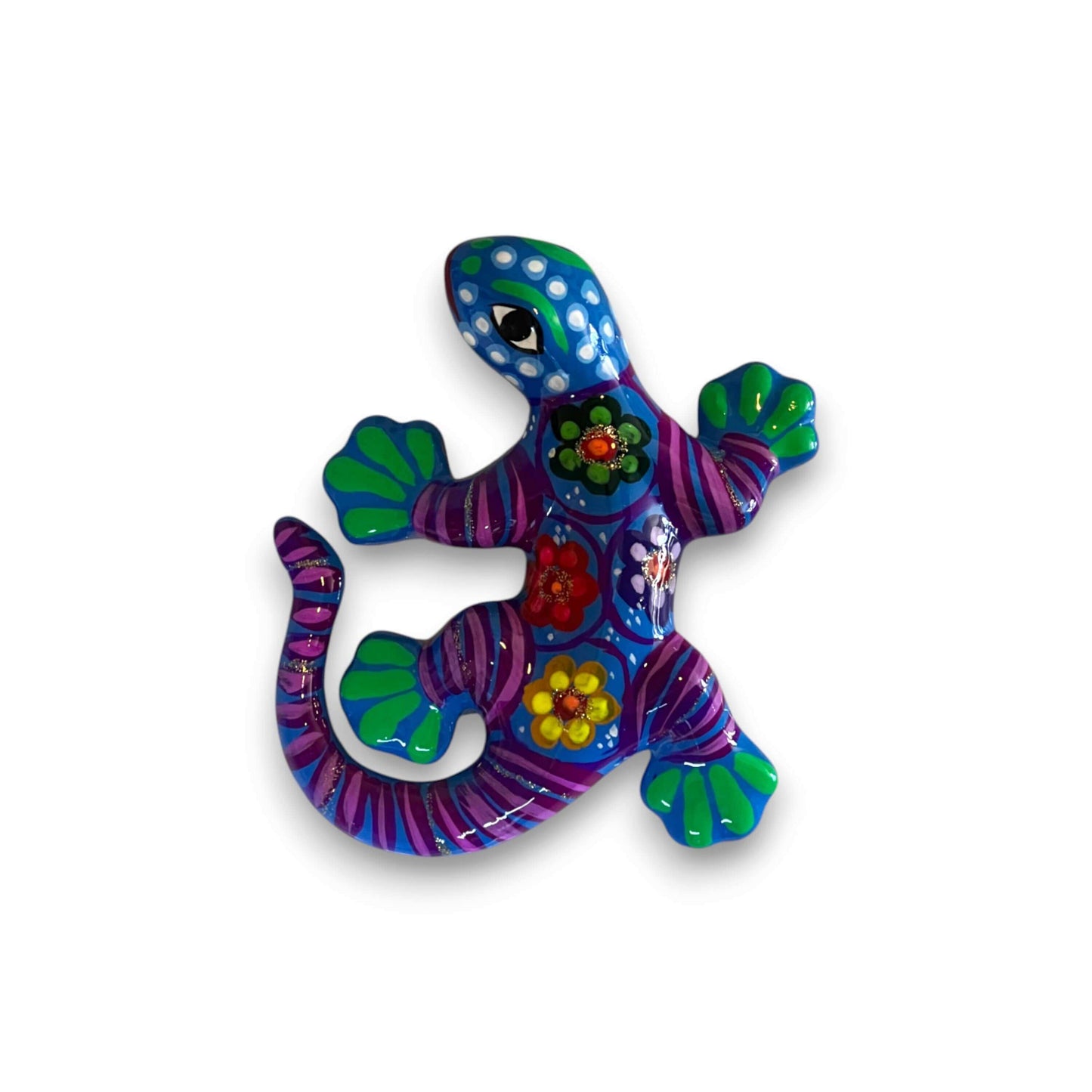 Talavera Lizard Figurine | Mexican Handcrafted Wall Decor - hand-painted Guerrero lizard wall art from Guanajuato with colorful floral patterns