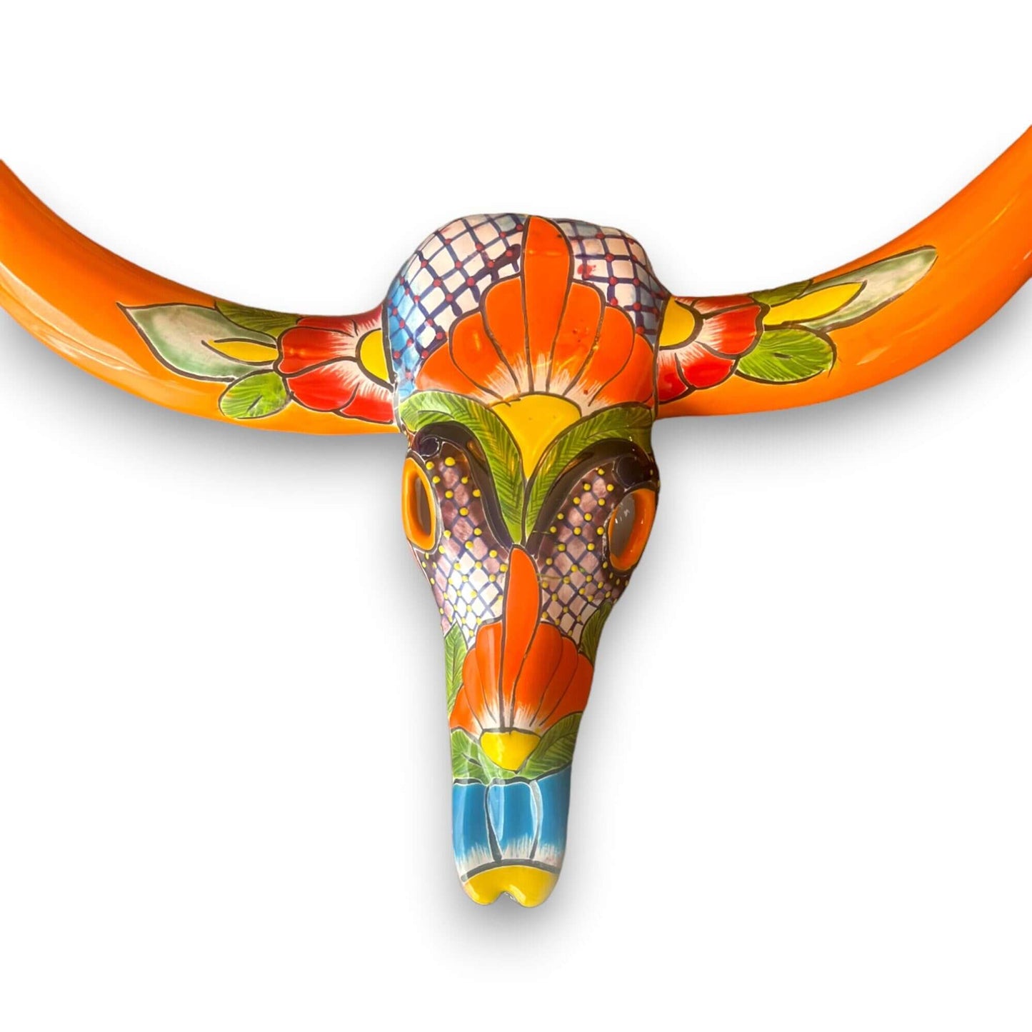 Talavera Longhorn Wall Decor | Handcrafted Mexican Bull Skull Art - vibrant hand-painted Talavera skull with orange horns, floral folk-art design