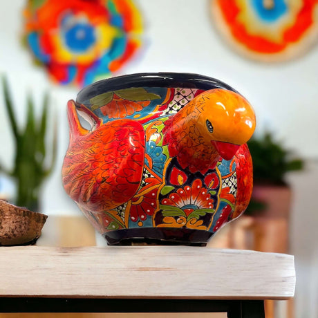 Talavera Pigeon Planter | Colorful Handcrafted Mexican Pottery - handmade bright red pigeon ceramic planter with floral Talavera pattern