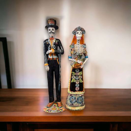 Talavera Skeleton Bride & Groom Set | Day of the Dead Pottery hand-painted Talavera skeleton couple from Guanajuato, Mexico