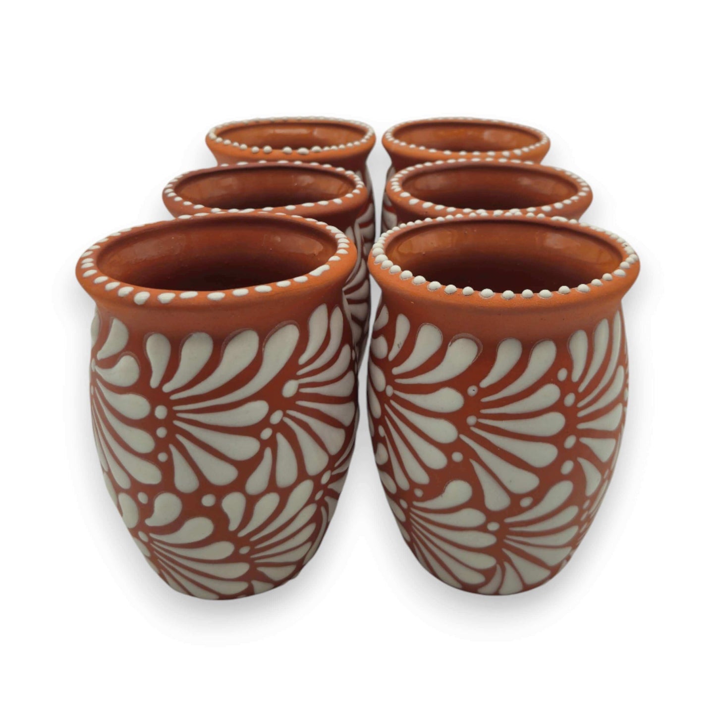 Terracotta Relief Cantarito | Handcrafted Mexican Pottery Cup - set of six hand-painted terracotta cups with raised white floral relief