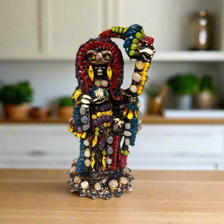 Handmade Aztec Warrior Statue | Colorful Grim Reaper Figurine - handcrafted Talavera-style beaded skull warrior from Guanajuato, colorful altar collectible
