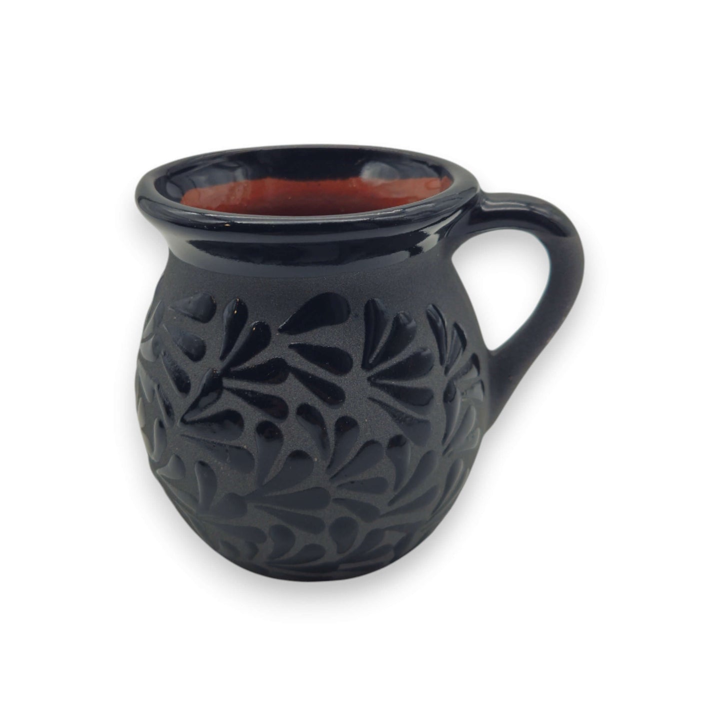 Black Talavera Jarrito Mug | Handmade Mexican Clay Coffee Cup - black hand-carved floral jarrito with rounded body and curved handle