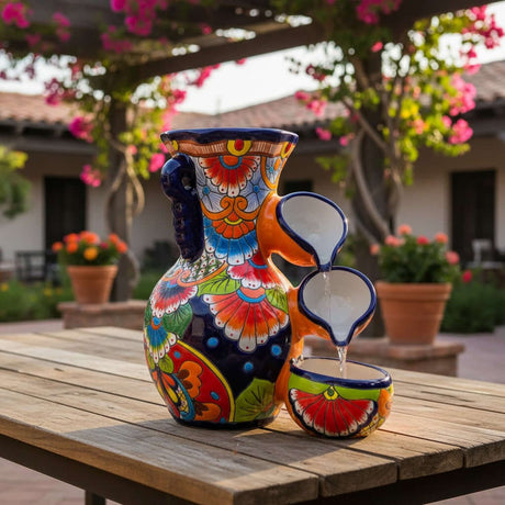Colorful ceramic pitcher and cup on a wooden table with a garden background