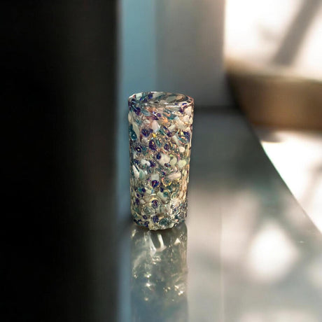 Handmade Blue and White Confetti Shot Glass | Artisanal Double Shot Glass - hand-blown blue white confetti double shot glass from Guanajuato