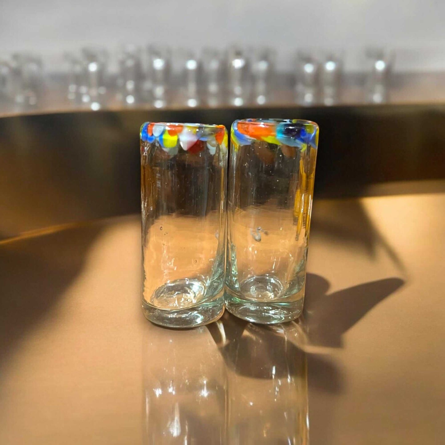 Handmade Double Shot Glass | Artisanal Confetti Rim Design - pair of hand-blown lead-free shot glasses with colorful confetti rim