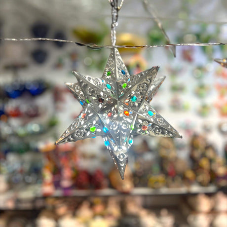Handmade Metal Star Ornament | Stained Glass Light Fixture hanging silver star with colorful stained-glass gems, hand-blown lead-free, crafted in Guanajuato
