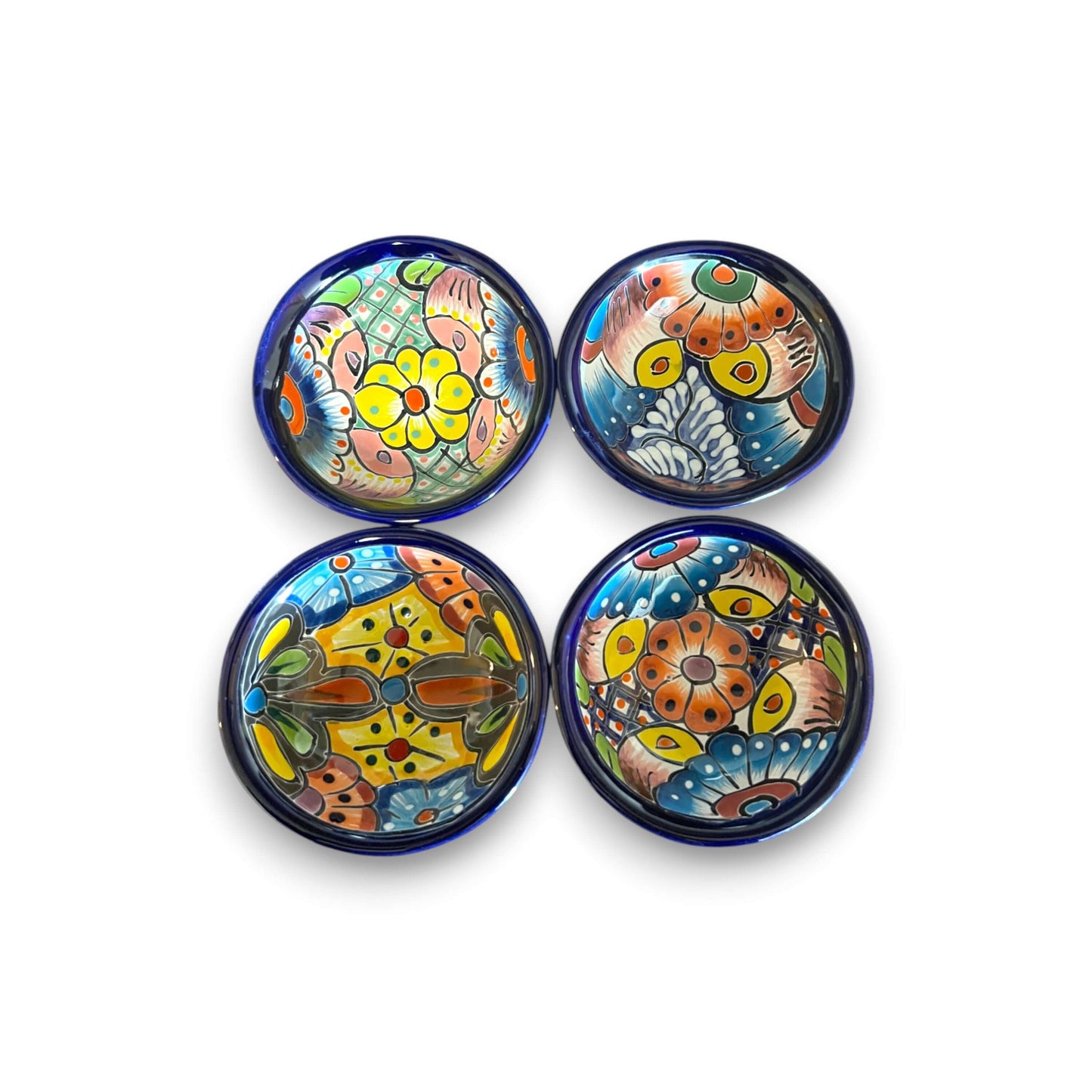 Small Talavera Salsa Bowl | Handmade Mexican Sauce Dish hand-painted three-legged cobalt rim colorful Talavera patterns, kiln-fired, lead-free glaze