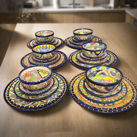 30-Piece Talavera Dinnerware Set | Colorful Tableware (Seats 6) - hand-painted Mexican Talavera plates and bowls, vibrant blue, yellow, orange designs, seats 6