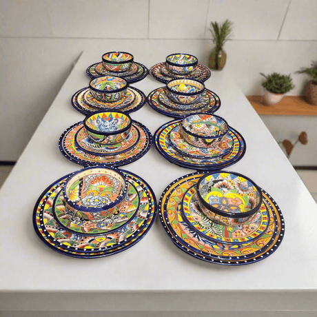 Handcrafted place settings displayed: Handmade Talavera 32-Piece Dinnerware Set | Mexican Pottery for 8 with vibrant hand-painted plates and bowls