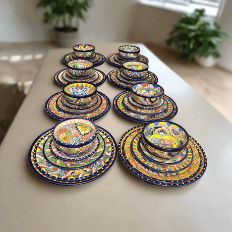 40-Piece Talavera Dinnerware Set | Colorful Tableware for 8 - handmade hand-painted Talavera plates and bowls on table