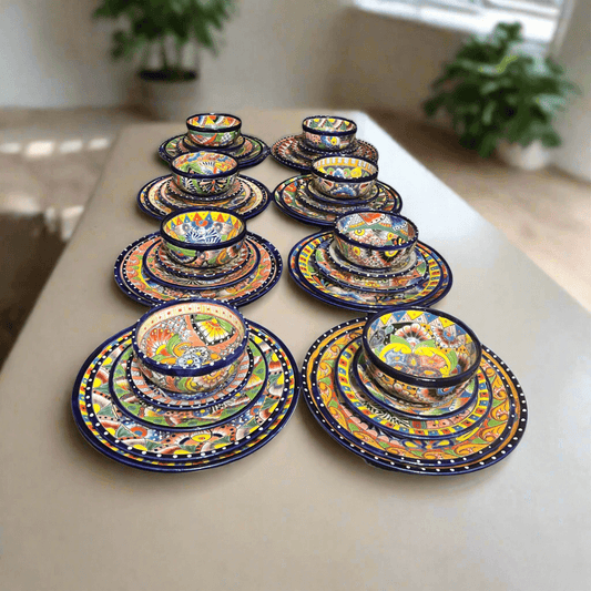 40-Piece Talavera Dinnerware Set | Colorful Tableware for 8 - handmade hand-painted Talavera plates and bowls on table
