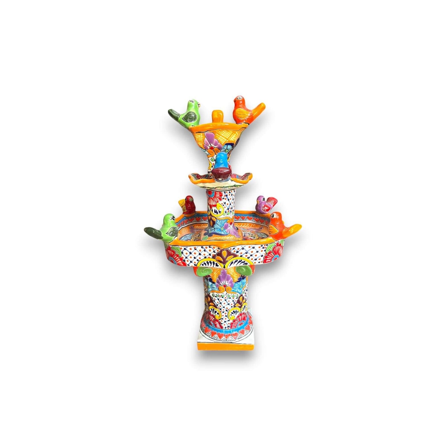 Handmade Talavera Bird Fountain - 27" Outdoor Art