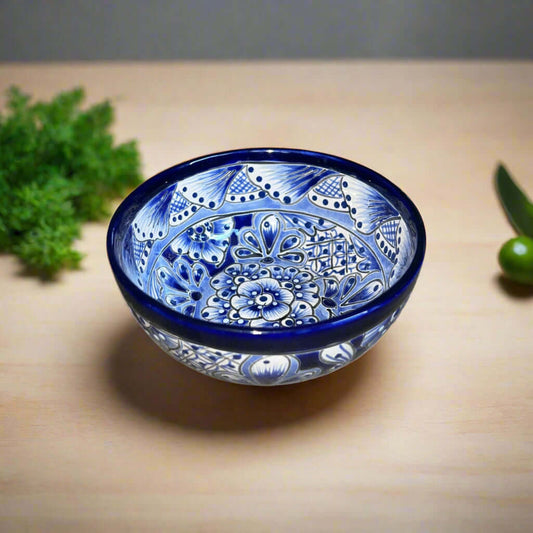 5" Talavera Blue & White Bowl | Handmade Mexican Dinnerware - handcrafted blue floral ceramic bowl from Guanajuato, lead-free glaze