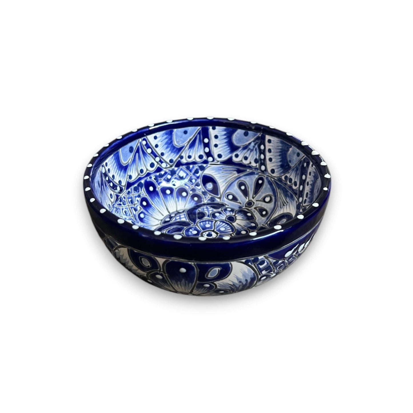 5" Talavera Blue & White Bowl | Handmade Mexican Dinnerware - hand-painted blue floral ceramic bowl, kiln-fired, lead-free glaze