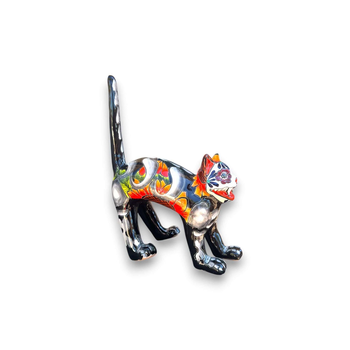Handmade Talavera Arched Cat Statue | Day of the Dead Ceramic Cat Art - hand-painted Talavera cat from Guanajuato, vibrant Day of the Dead design