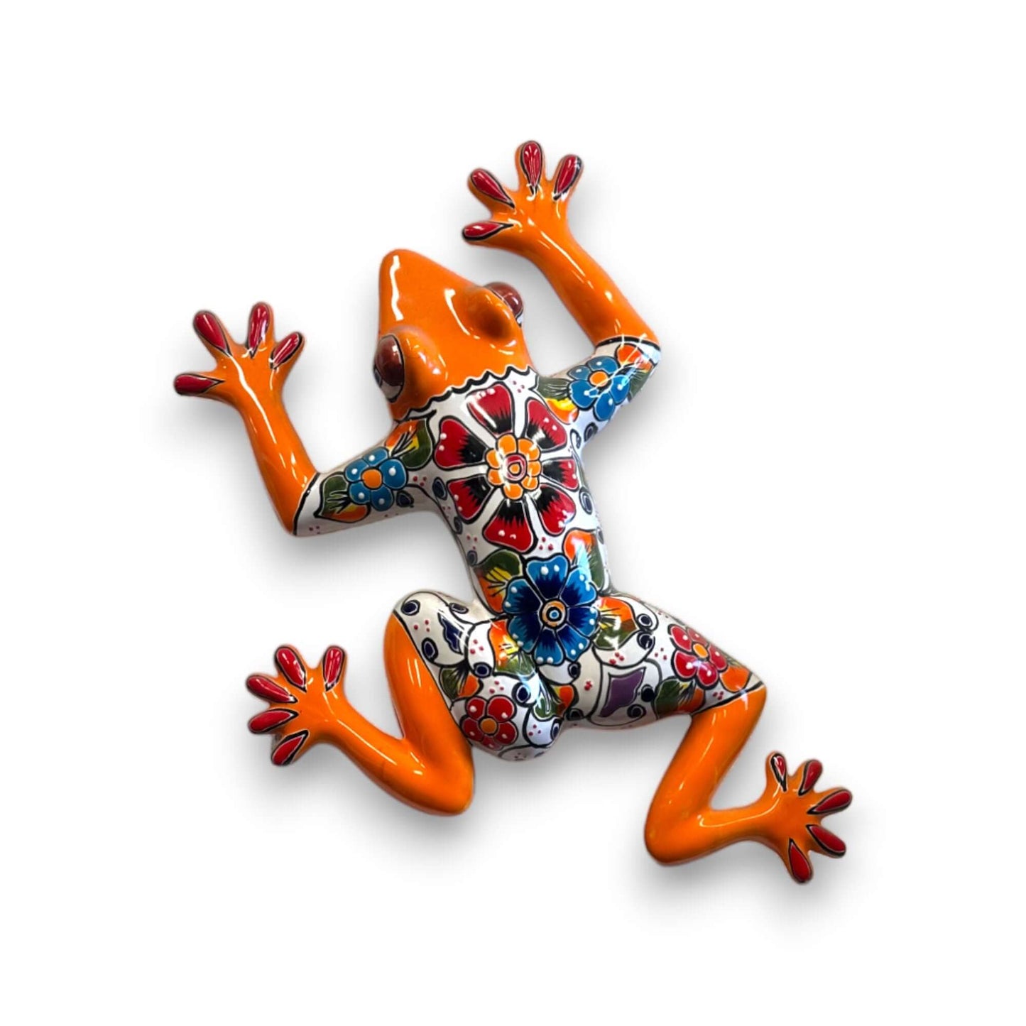 Large Handmade Frog Wall Art | Hand-Painted Talavera Mexican Decor - vibrant orange hand-painted Talavera ceramic frog, kiln-fired, lead-free glaze